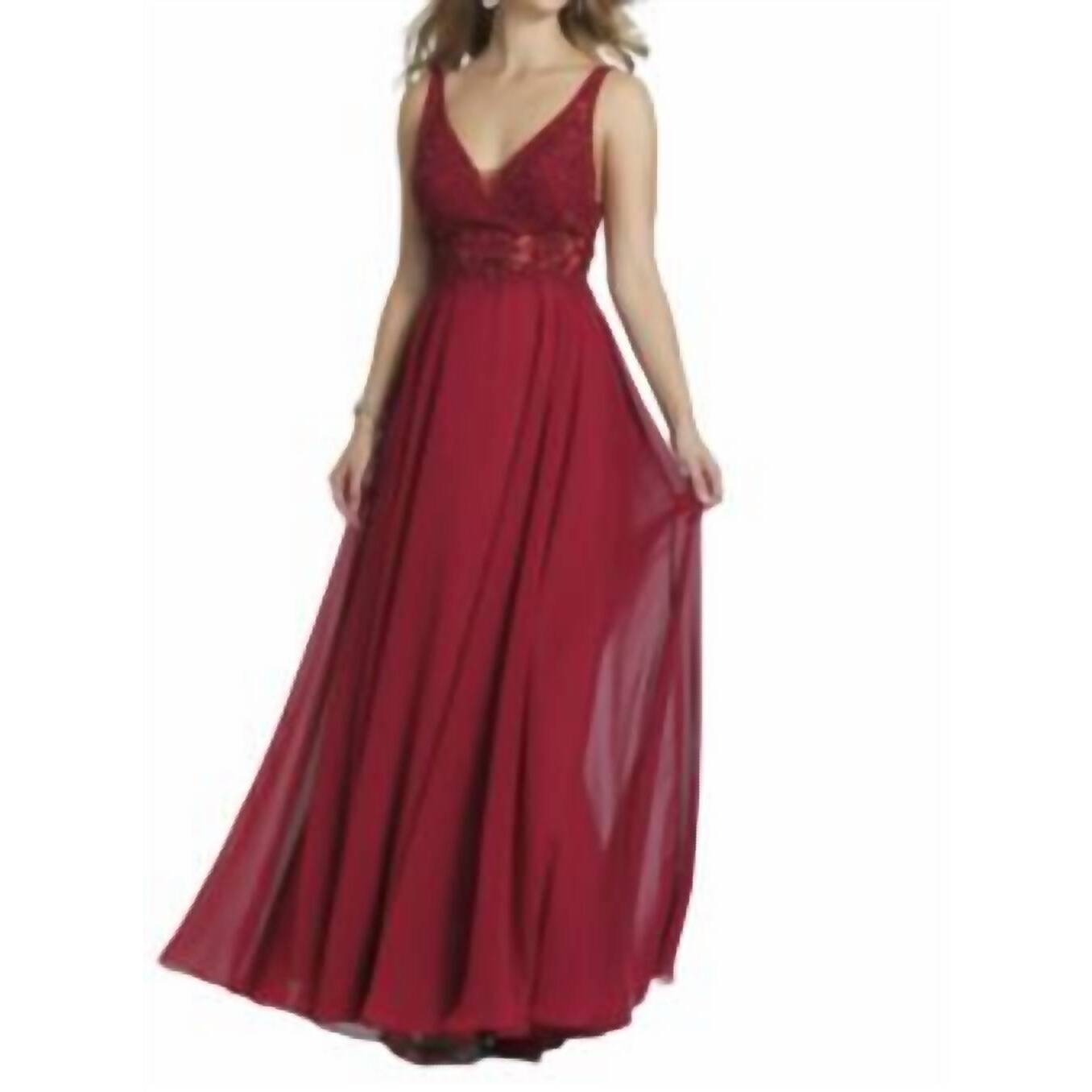 New Dave & Johnny Embroidered V-Neck Gown In Raspberry